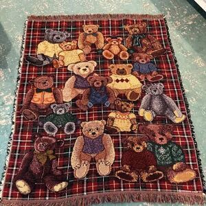 Vintage Teddy Bear Woven Blanket Tapestry Plaid Fringe Throw Cozy Decor